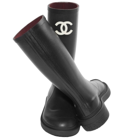 Chanel REV Black White Caoutchouc CC Logo High Pull On Rubber Rain Boots 38 - Picture 1 of 13